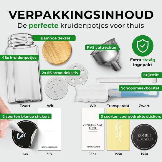 Soothe 48 Glazen Kruidenpotjes Vierkant met Bamboe Deksel – 2 Soorten Strooideksels – Kruidenstrooier – Spice Jars – Complete Set incl Kruiden Stickers, Krijtstift en Accessoires – 120ml