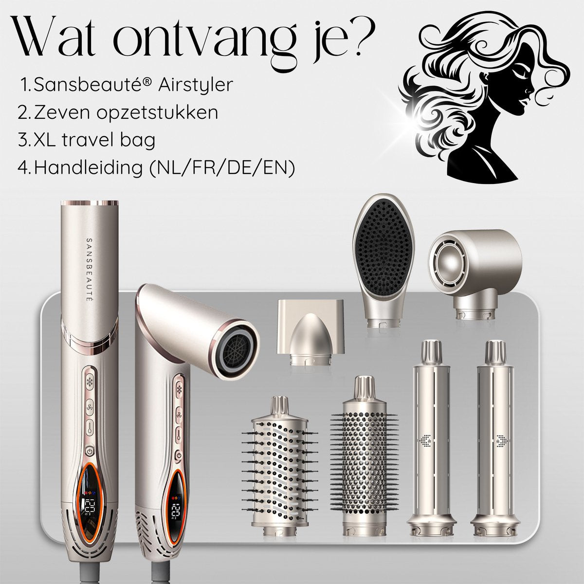 Sansbeauté® 7-in-1 Airstyler - Multistyler - Föhnborstel - Krultang - Stijlborstel - Haarstyler - Warmteborstel - Gold
