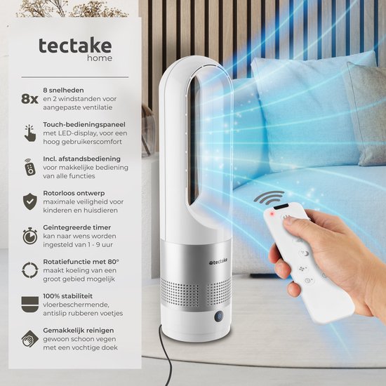 tectake® Torenventilator Polar - Kolomventilator inclusief Afstandsbediening - 8 Snelheidsstanden en Timer - 80° Draaifunctie - Stille Ventilator (35-55dB) - Staand met LED Bedieningspaneel - 55,5 cm Hoog - Luchtkoeler - Wit
