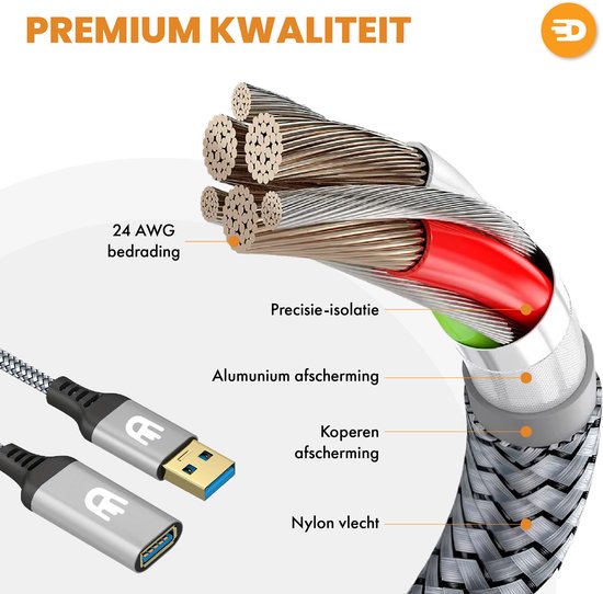 Drivv. Premium USB Verlengkabel 3.0 - Mannelijk naar Vrouwelijk - USB Data Kabel - Snelle Overdracht - 5Gbps - Nylon - 3 Meter - Grijs