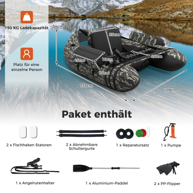 Coast Opblaasbare Vissersboot - Verstelbare Hengelhouder & Rugleuning - 2 Haakhouders - 135 x 109 x 54 cm - Camouflage