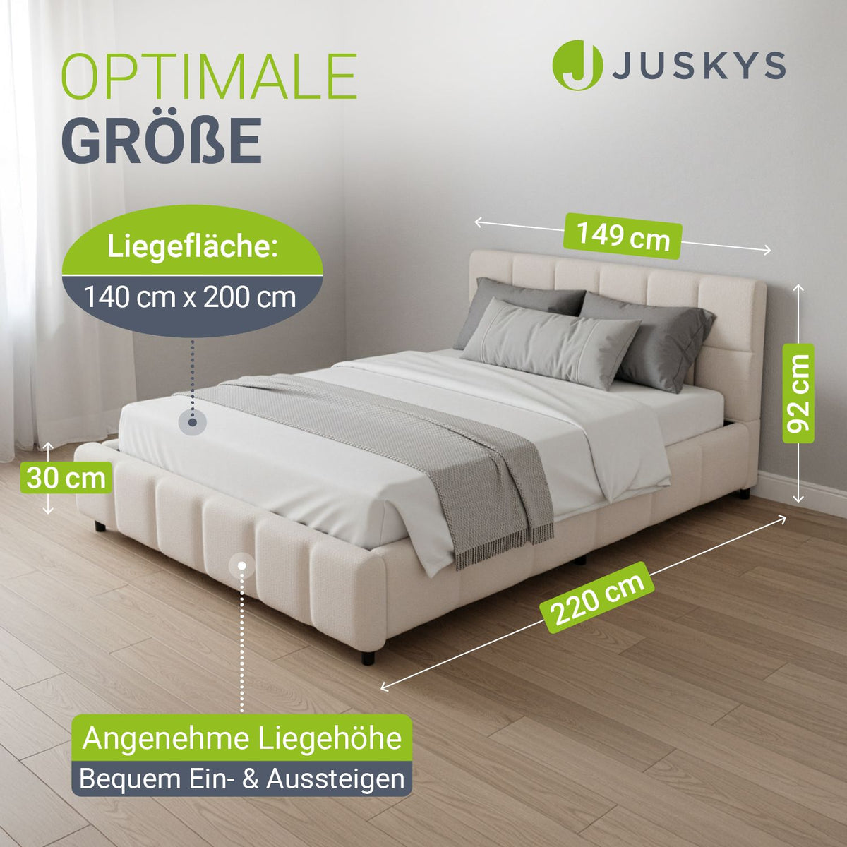 Juskys Polsterbett Florenz - 140x200 cm - Bouclé - Creme