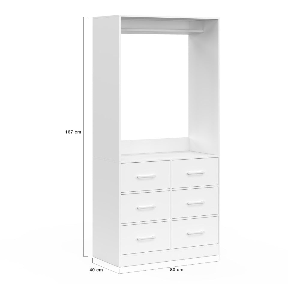 Uma Kledingkast Wit - 80 x 40 x 167 cm - Met Kledingroede en 6 Lades