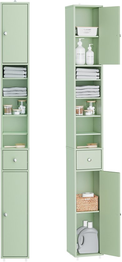 SoBuy Badkamerkasten hoog - Opbergkast met Verstelbare Planken en Lade - Kolomkast Badkamer - 20x180x20cm, Lichtgroen, BZR34-II-GR - voor Badkamer, Woonkamer, Slaapkamer