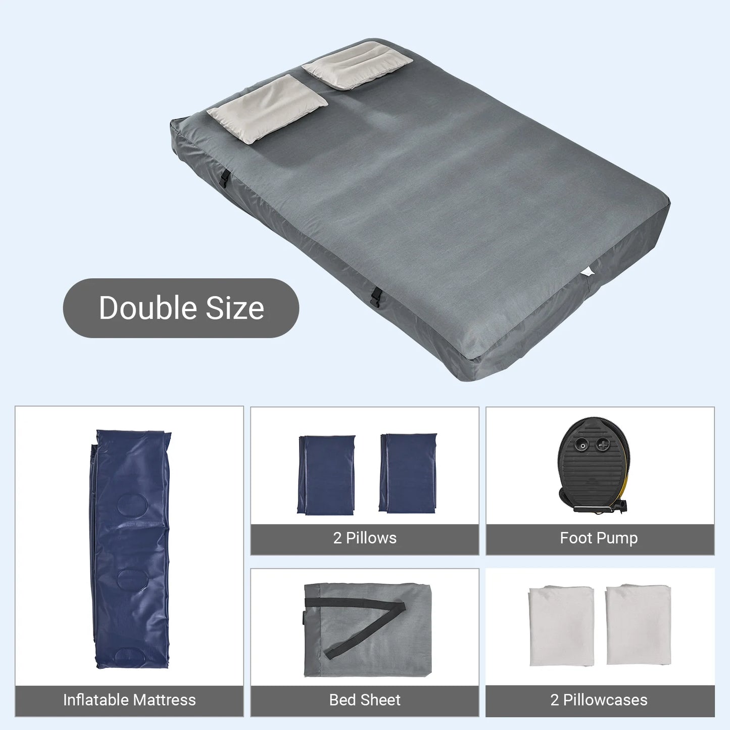 SoBuy OGS32-II-L-HG-P01 Opblaasbaar 2-Persoons Campingmatras Grijs – Met Kussens, Hoeslaken en Pomp 191×137 cm