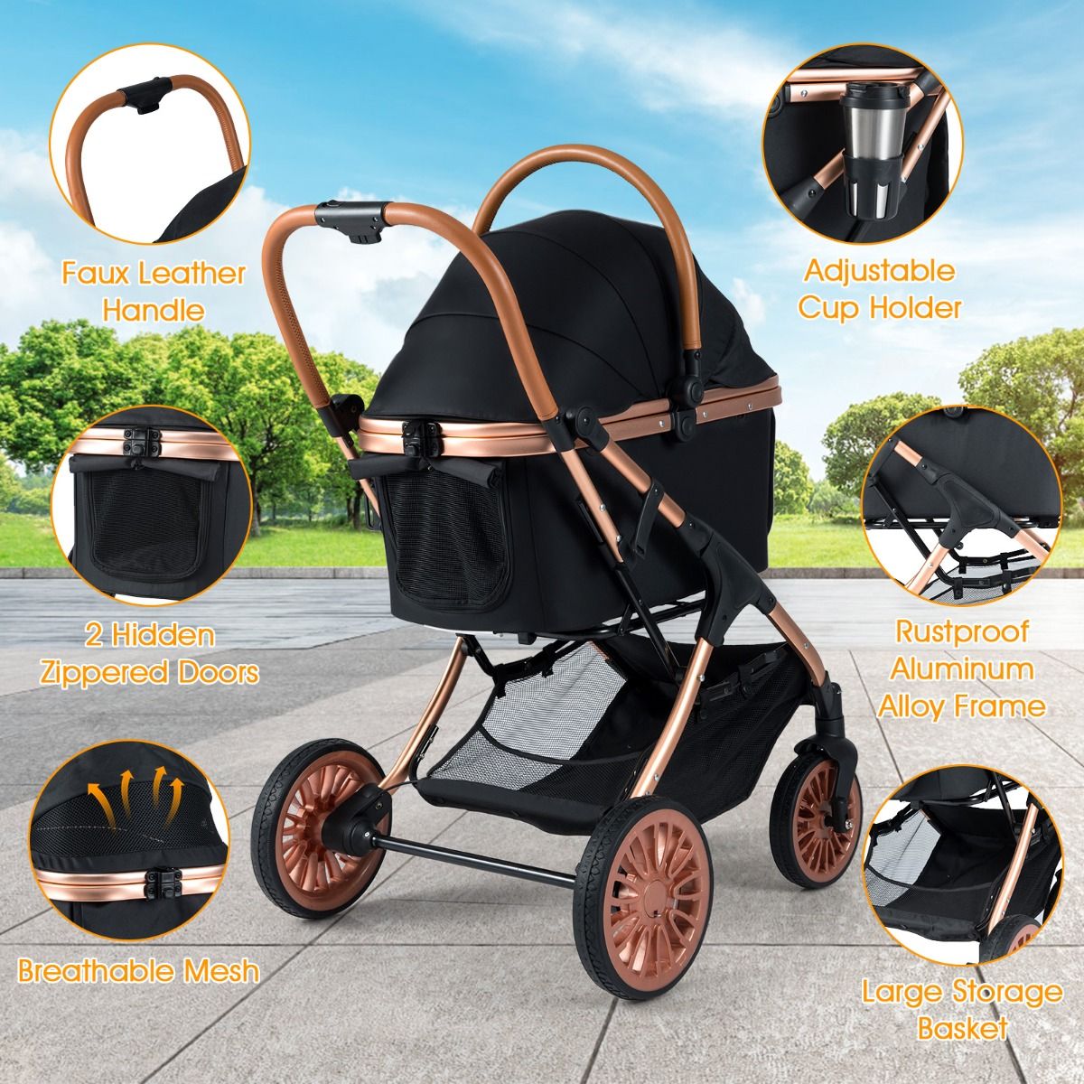 Coast Huisdierenbuggy 3-in-1 - Opvouwbaar - Afneembare mand - Zwart 89 x 61 x 101 cm