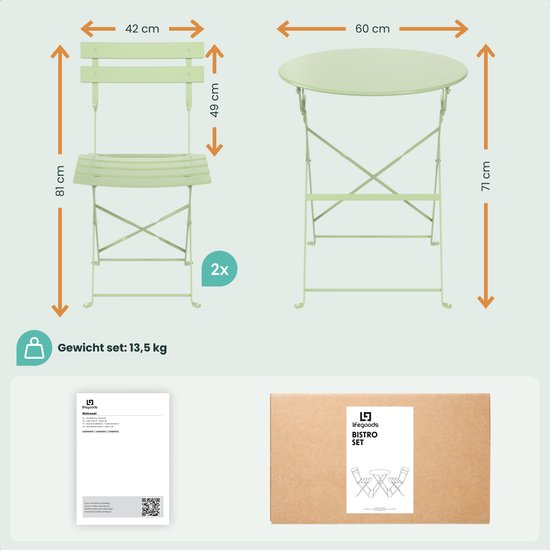 LifeGoods Bistroset - Staal - 3-delig - Tuinset - Inklapbaar - Balkonset met Tafel - Weerbestendig - Mintgroen