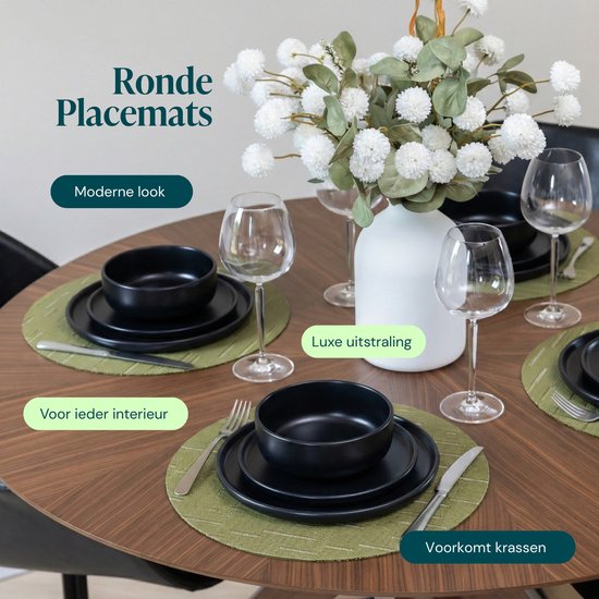 Castagnola Placemats - Placemat van Kunststof - Onderlegger - Onderzetter - Placemats Plastic en PVC - 6 Stuks - Diameter 37cm - Groen