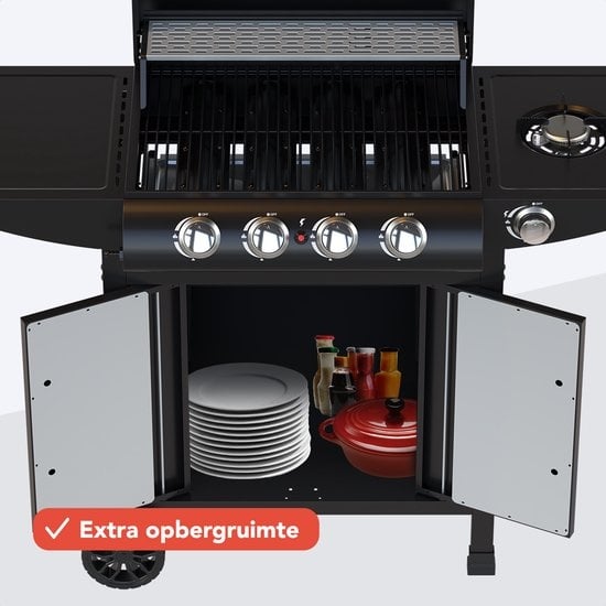 KitchenBrothers Gasbarbecue Incl.  Zijbrander - 5 Branders - Met Gasaansluiting - 42x57cm Grilloppervlak - Zwart