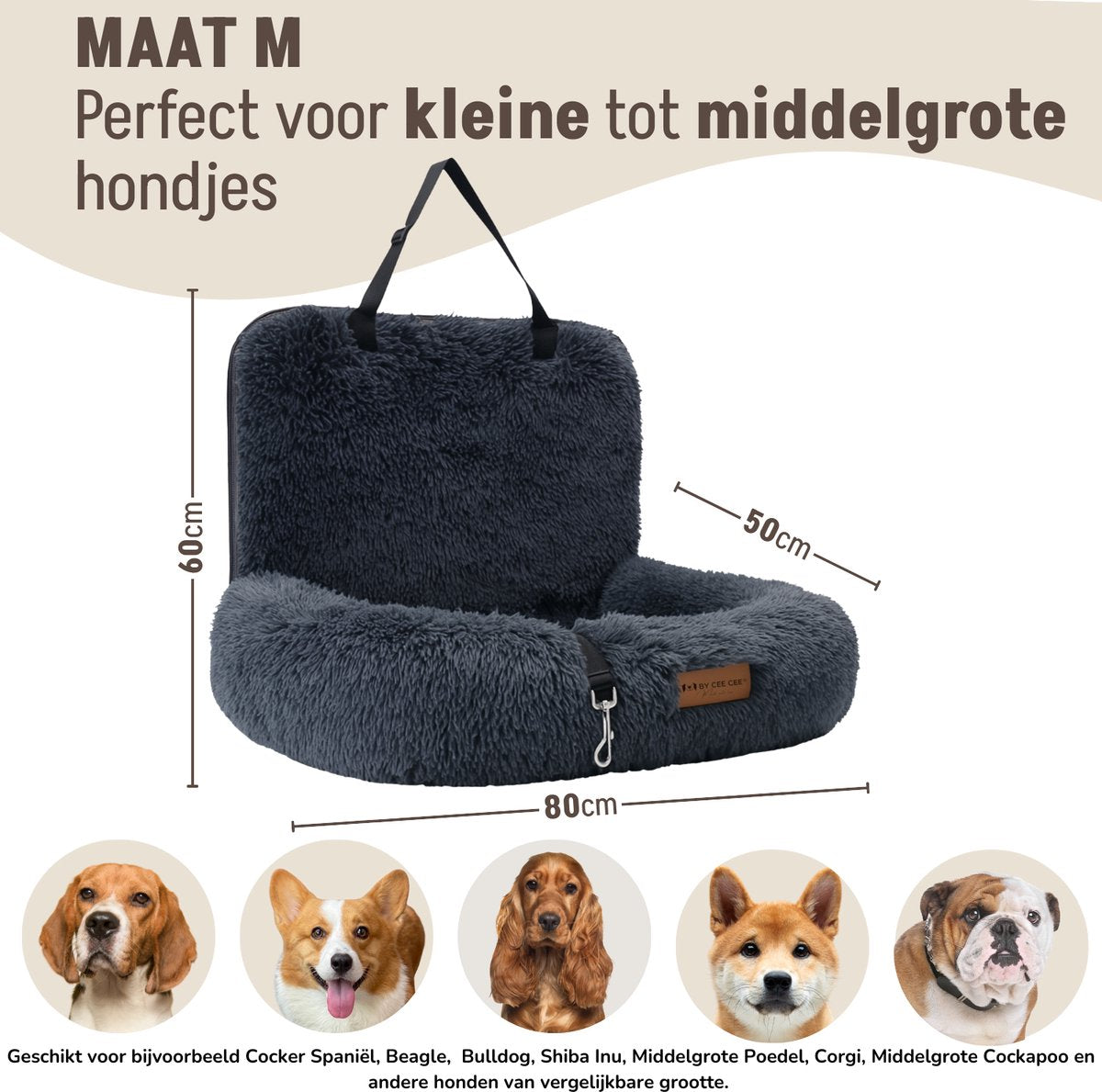 By Cee Cee – Autostoel Hond Deluxe – Maat M – Voorzien Van Veiligheidslijn En Foam Flakes Vulling En Afritsbare Hoes – Voor Achterbank – Donkergrijs Polyester