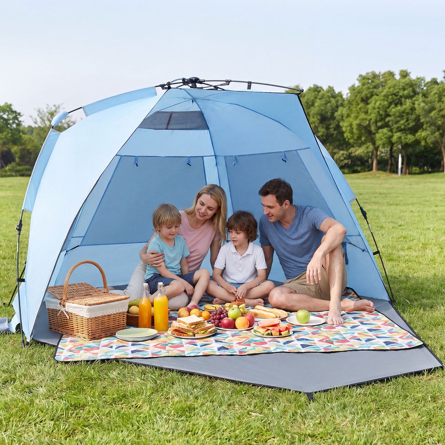 Coast Pop-up Strandtent 3-4 Personen - Grijs/Blauw - 278 x 140 x 142 cm - Incl. Draagtas, Haringen en Zandzakken
