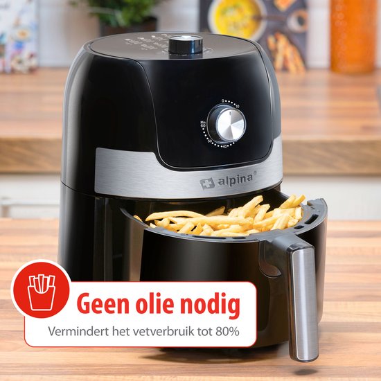alpina Airfryer 3.5L - Heteluchtfriteuse 2 tot 3 Personen - Air Fryer met Instelbare Temperatuur van 80 tot 200°C - Hetelucht oven Airfryer Timer tot 60 Minuten - 1400W - Zwart