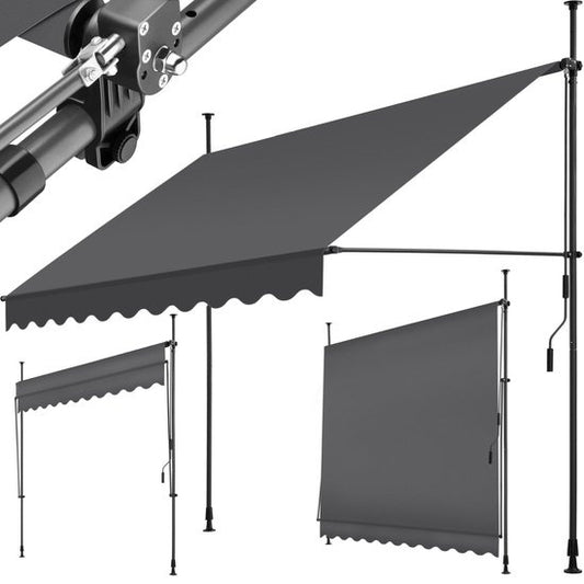 tectake - klemluifel - Zonnescherm – Zonneluifel - Verstelbaar - Klem-zonwering - Zonnescherm Balkon - 250 x 120 cm - zwartgrijs – zonwering - 404962
