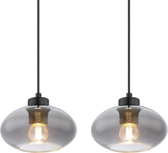 Globo - hanglamp - Shaun - zwart - glas smoke glas - grote eettafellamp - E27 - 15572-4H
