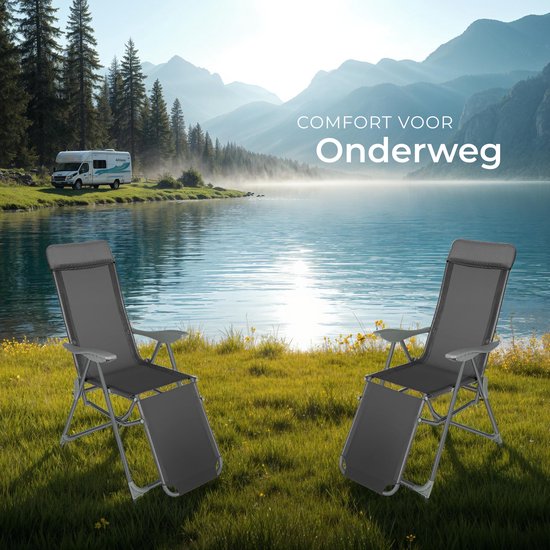 tectake® - Set van 2 klapstoelen - Aluminium tuinstoelen - Inklapbaar met hoofdsteun en voetensteun - Ligstoelen voor in de tuin, terras of balkon - Campingstoel - Antraciet