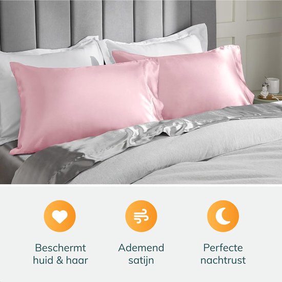Satijnen set kussensloop - Incl. bonnet en slaapmasker - 60x70 cm - Slaapmuts - Krullen - Satijn - Moerbij - Zijden - Beauty - Silk - Zachte - Satin roze - Soft & Silky