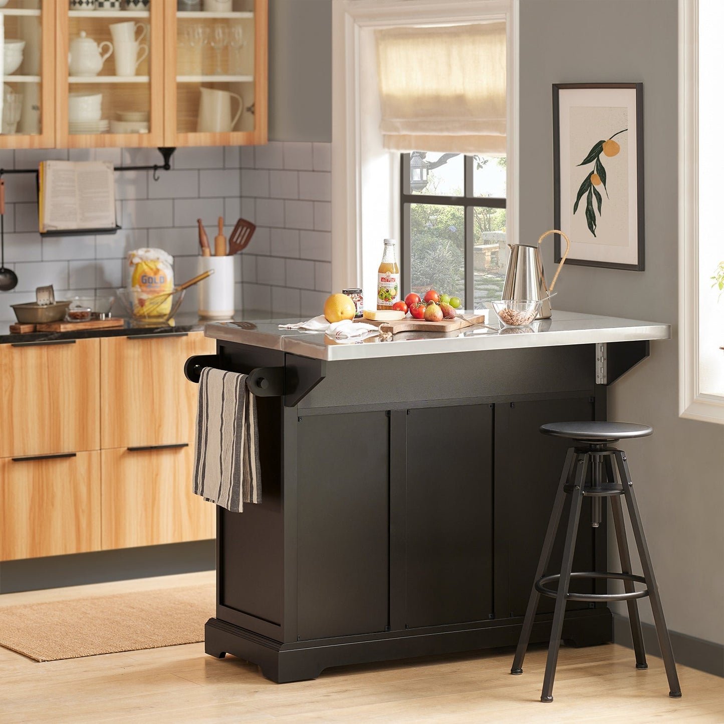 SoBuy - Keukeneiland met Uitbreidbaar Werkblad - 115x92x46-71 cm - Zwart