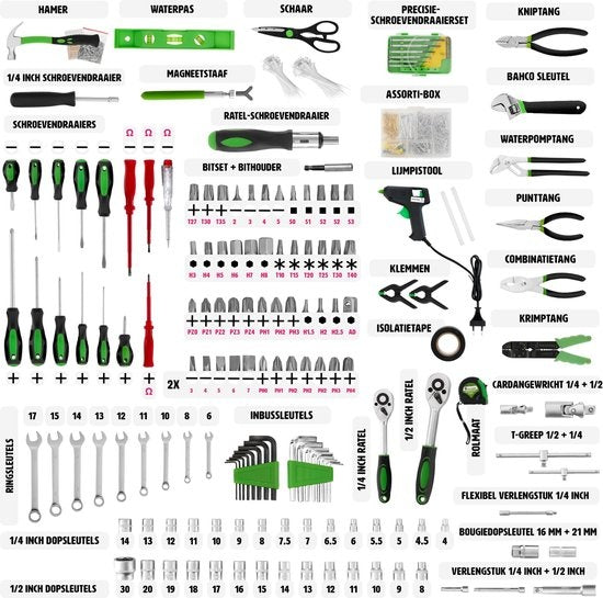 tectake® gereedschapskoffer, gereedschapsset, gereedschapskoffer gevuld 1200-delig, gereedschapstrolley, gereedschapskist met 4 niveaus, aluminium koffer met wielen en telescoophandgreep - zwart