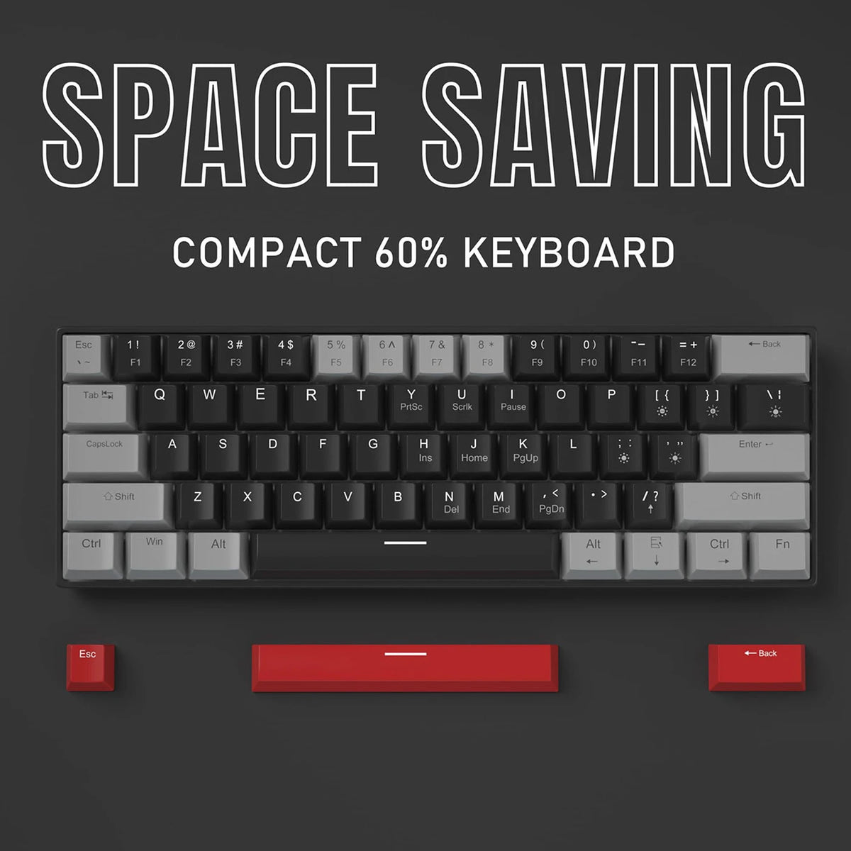 MageGee STAR 61 Mechanisch Gamingtoetsenbord - 60% - 61 Toetsen - Blauwe LED-verlichting - Rode Switches - USB-C - Grijs/Zwart/Rood