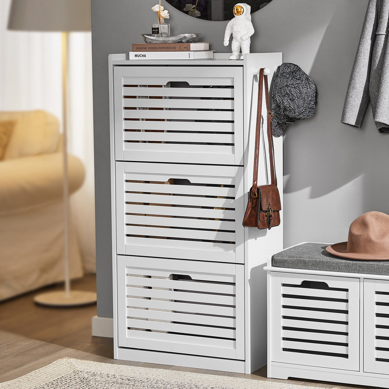 SoBuy FSR119-W Schoenenkast met 3 lades - 55 x 30 x 112 cm - Wit