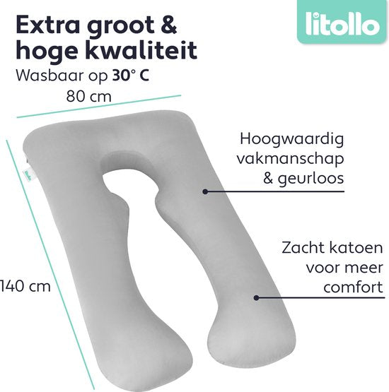 Litollo Zwangerschapskussen XXL - 280cm - Afneembare en Wasbare Hoes - Grijs