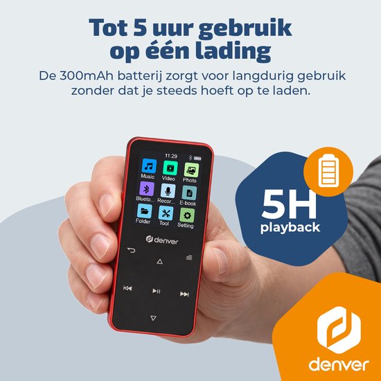 Denver MP3/MP4 Speler - Bluetooth - Shuffle/Herhalen - SD kaart tot 128GB - Incl. oordopjes - Dictafoon - MP1830R - Rood