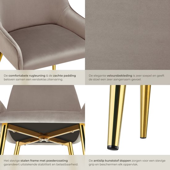 tectake® Eetkamerstoel Avane - Fluweeloptiek - Ergonomische gestoffeerde stoel met gouden stalen poten - Draagkracht 120 kg - Moderne eetkamer- en keukenstoel - Set van 2 - Taupe
