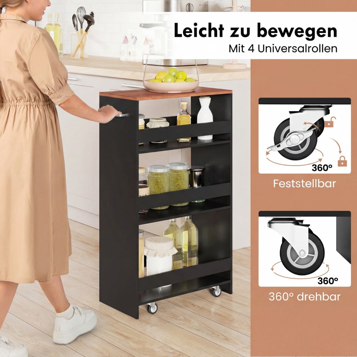 Coast smalle keukenwagen - 4-laags opbergwagen op wielen 47,5 x 25 x 80,5 cm - Zwart/Bruin