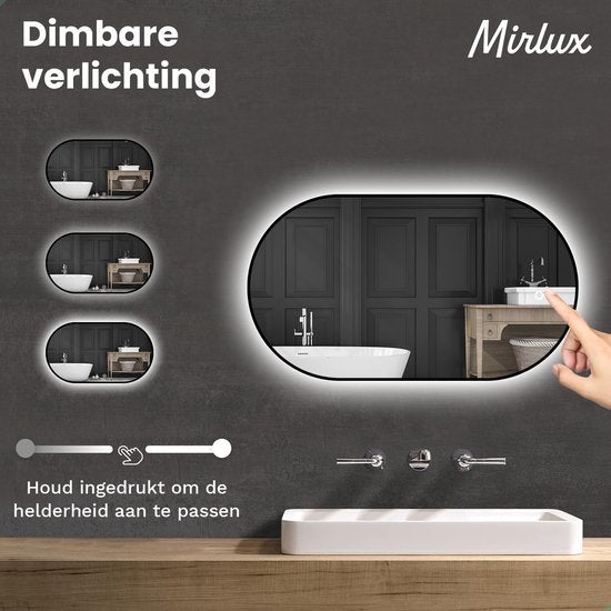 Mirlux Badkamerspiegel met LED Verlichting & Verwarming – Wandspiegel Ovaal – Anti Condens Douchespiegel - Zwart - 90x50CM