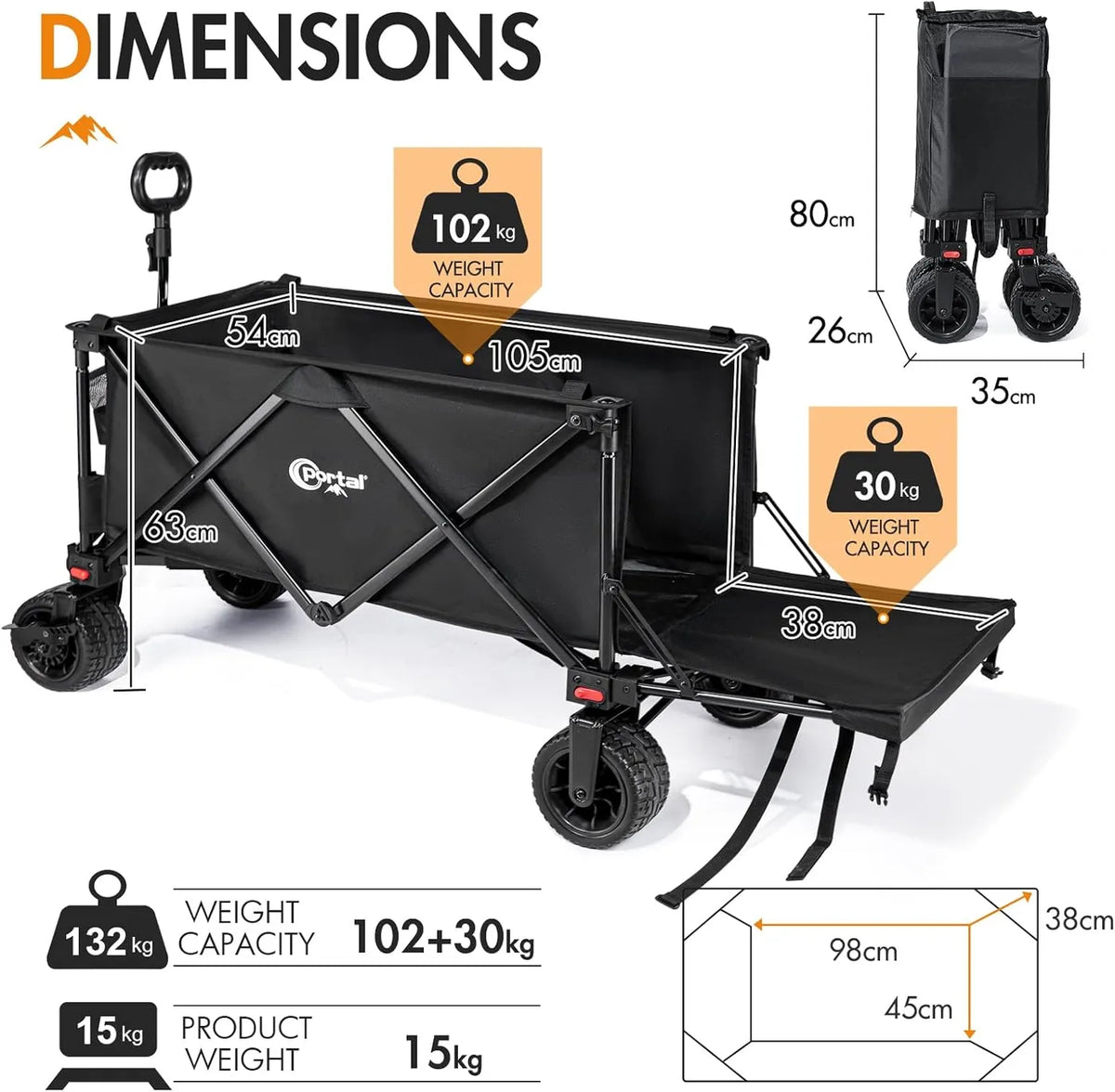 Portal 21813 Opvouwbare Bolderkar - Tot 300 L - 105 × 54 × 63 cm - Zwart