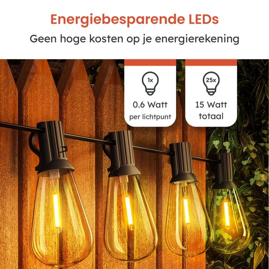 Partizzle 15m LED Lichtsnoer Edison - 25 Lampjes Slinger - Waterdicht Kerst Lichtslinger voor Buiten Terras en Camping - Kerstverlichting / Tuinverlichting - 2700k / Warm Wit