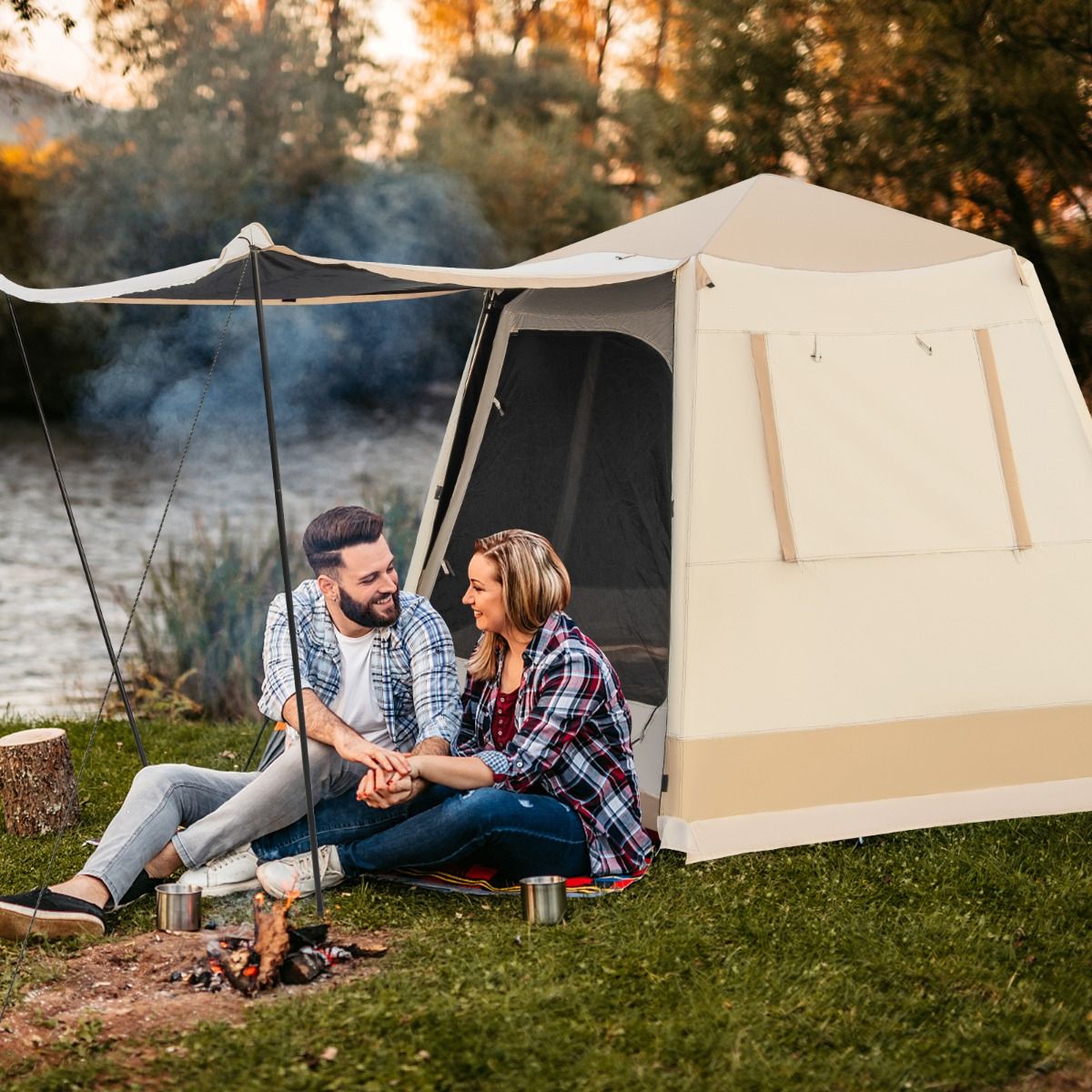 Coast Pop-up Campingtent - Automatisch opzetbaar - Dubbellaags kabinentent - Beige 330 x 270 x 200 cm