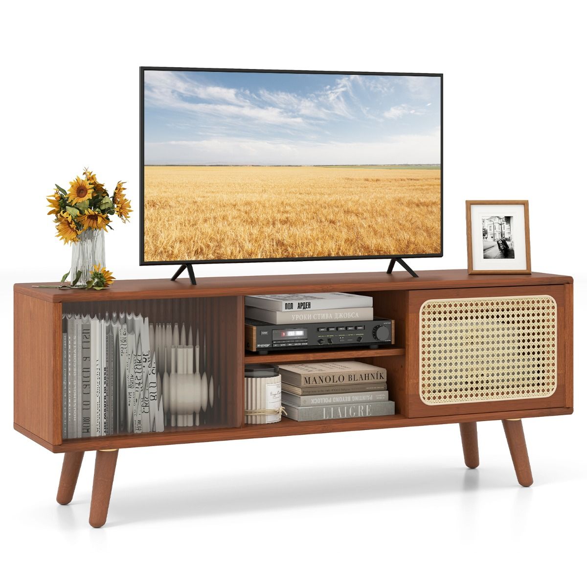 Coast TV-meubel - bamboe met rieten en glazen schuifdeur - verstelbare plank - bruin - 120,5 x 31 x 45,5 cm