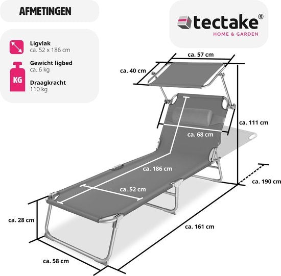 tectake® - ligstoel, robuust, verstelbaar, stalen onderstel met zonnescherm, 4-standen rugleuning inclusief hoofdkussen, strandstoel Ideaal voor tuin, zwembad, camping - grijs