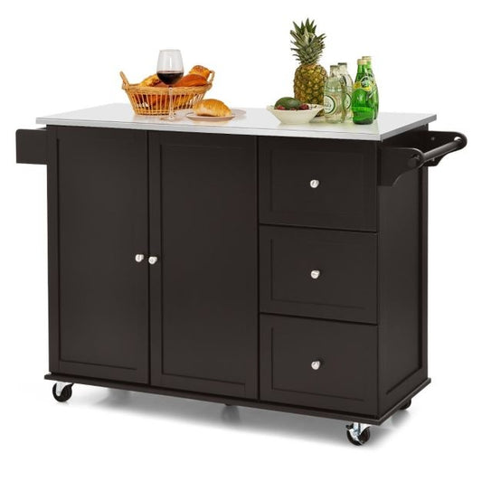 Coast Keukenwagen serveerwagen - RVS - Keukeneiland met 3 laden - 135 x 45,5 x 91,5 cm - Bruin/Wit/Zwart