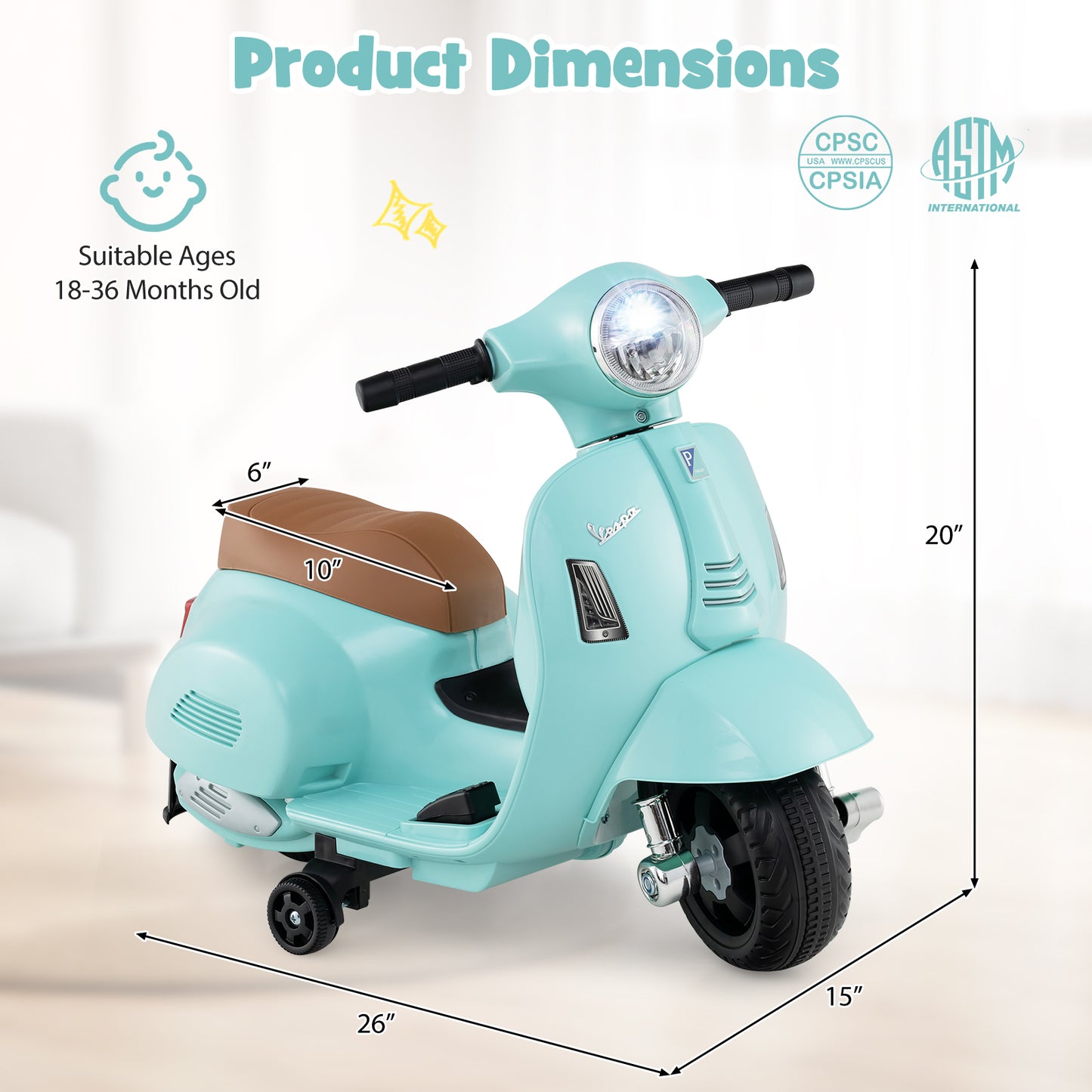 Coast Vespa Kindermotor - 6V Elektrisch - Met LED en Geluid - Groen