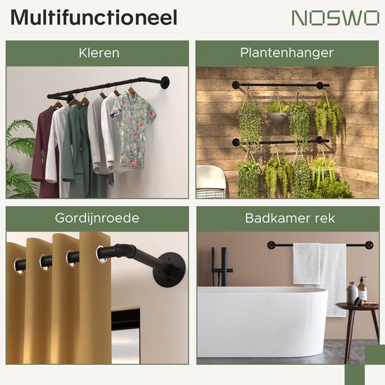 Noswo Kledingstang voor aan de Muur – 2 Stuks - Hoogwaardige Stalen Kledingroede – Kledingrek - Hangrek - Garderobe Stang - 112 cm – Zwart