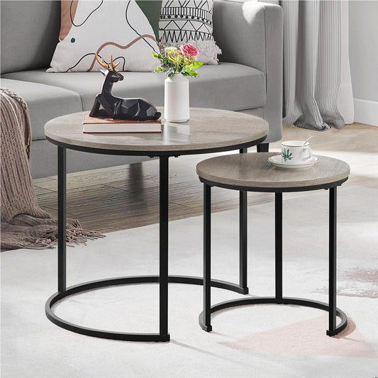Yaheetech Bijzettafel Set Van 2 Rond – Voorzien Van In Elkaar Schuifbaar Ontwerp En Waterafstotend Tafelblad En Metalen Frame – Voor Woonkamer En Slaapkamer – Grijs MDF – 60 x 60 x 50,5 cm