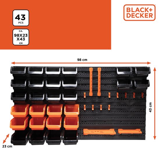 BLACK+DECKER Gereedschapsbord met Opbergbakjes en Hangers - 98 x 23 x 43 CM - 43 Onderdelen - Gereedschapswand