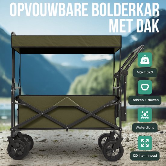 Avalo Bolderkar Met Dak XL Opvouwbaar - Tot 110KG Draagvermogen - 120L - 97x60x105 CM - 360º Wielen - Bolderwagen / Bolderkarren / Strandkar / Trekkar / Plooibare Bolderkar - Voor Strand - Groen