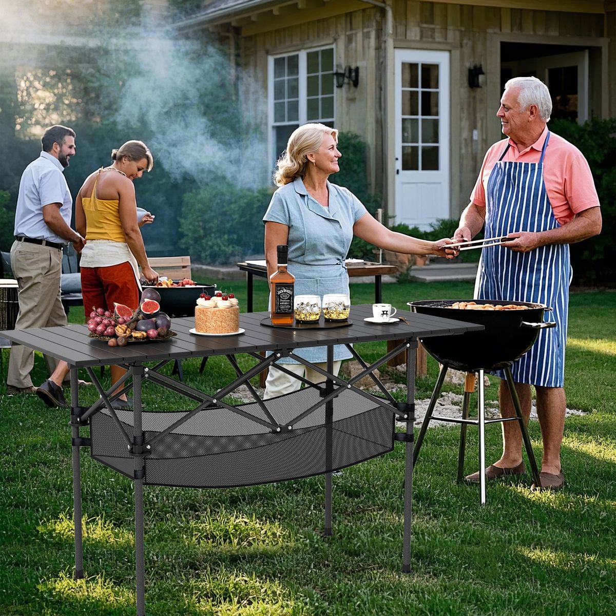 Coast Opvouwbare Campingtafel - Oprolbaar aluminium tafelblad - Met netmand - Zwart 119 x 56 cm