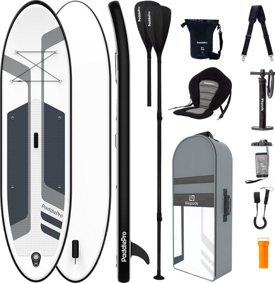 LifeGoods SUP Board - Luxe Set - met Zitje - Opblaasbaar Paddle Board - Max. 135KG - 320x81cm - Wit