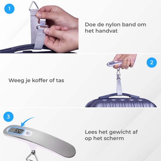 Nuvance - Digitale Kofferweegschaal - Bagageweegschaal tot 50 KG - Inclusief Weeghaak en Batterij - Bagageweger - Hangweegschaal  - Grijs/Wit
