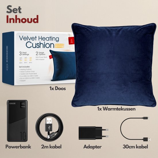Coozie Oplaadbaar Warmtekussen – Draadloos & Bedraad – 45–65°C – Velvet – 45 x 45 cm – Donkerblauw – Elektrisch Kussen – Incl. Powerbank – Tot 8 uur warmte