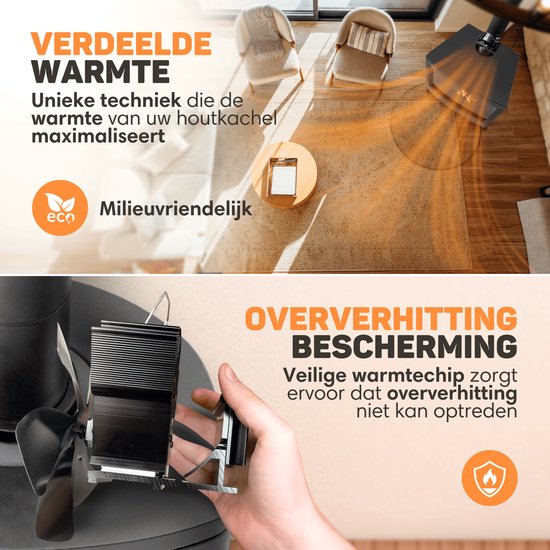 Vulpes Goods® Tech - Kachelventilator voor Houtkachel - Haardventilator - Ecofan - Warmte Ventilator - 6 Bladen - Incl. Thermometer & Handschoen - PRO versie