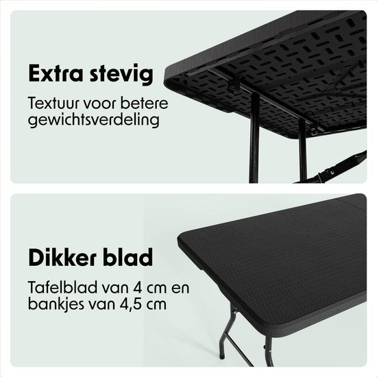 LifeGoods Inklapbare Picknickset - 180cm x 74cm - Tuintafel met 2 Banken - Weerbestendig - Campingtafel - Biertafel Opklapbaar - Voor Binnen en Buiten - Voor 6 tot 8 Personen - Rattan Zwart