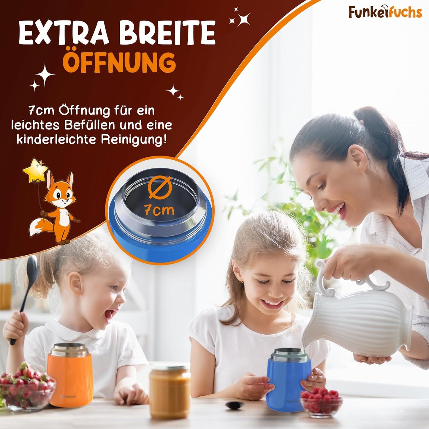 Funkelfuchs Thermobeker voor kinderen RVS - 100% Lekvrij - 500ml - Blauw