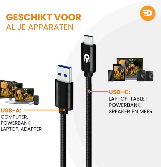 Drivv. USB naar USB C Kabel - Snellader - USB C Data en Oplaadkabel - 3 meter - Geschikt voor Samsung, iPhone 15 & Meer - Zwart