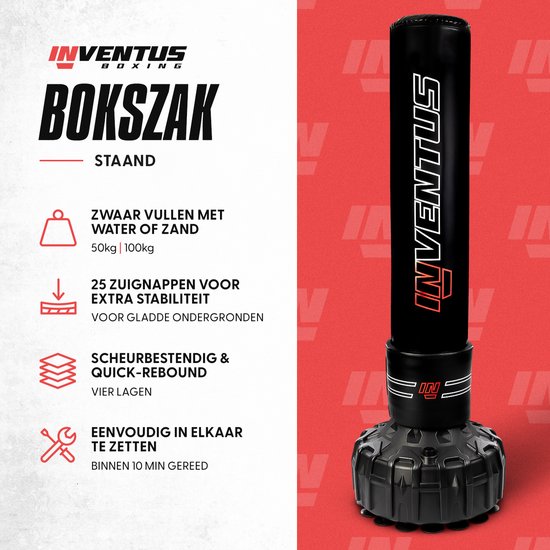 Inventus Bokszak Staand - 185 cm - Staande Bokspaal - Vul met Water / Zand - Boksen en Trainen - Heavy Boxing Bag - Volwassenen - Zwart