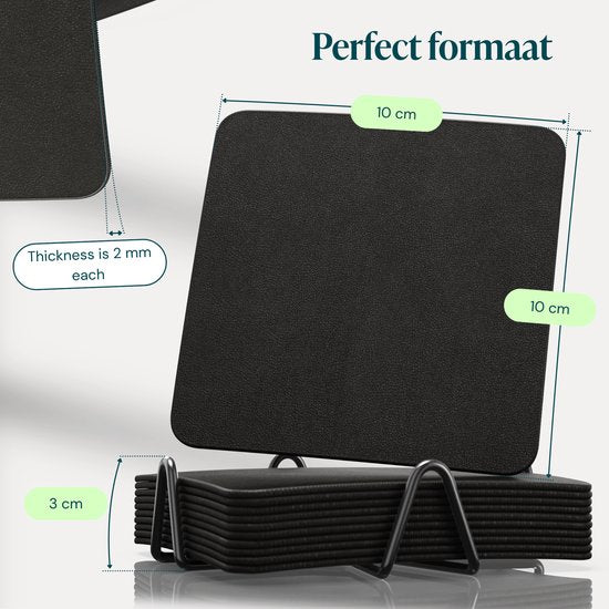 Castagnola Kunstlederen Onderzetters – Onderzetters voor Glazen – Design Onderzetters met Houder – Leren Onderzettersset met metalen houder – Leder – Set van 10 - Zwart - 10x10cm